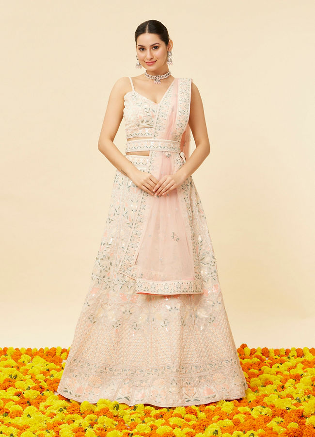Cream Pink Floral Embroidered Lehanga image number 0